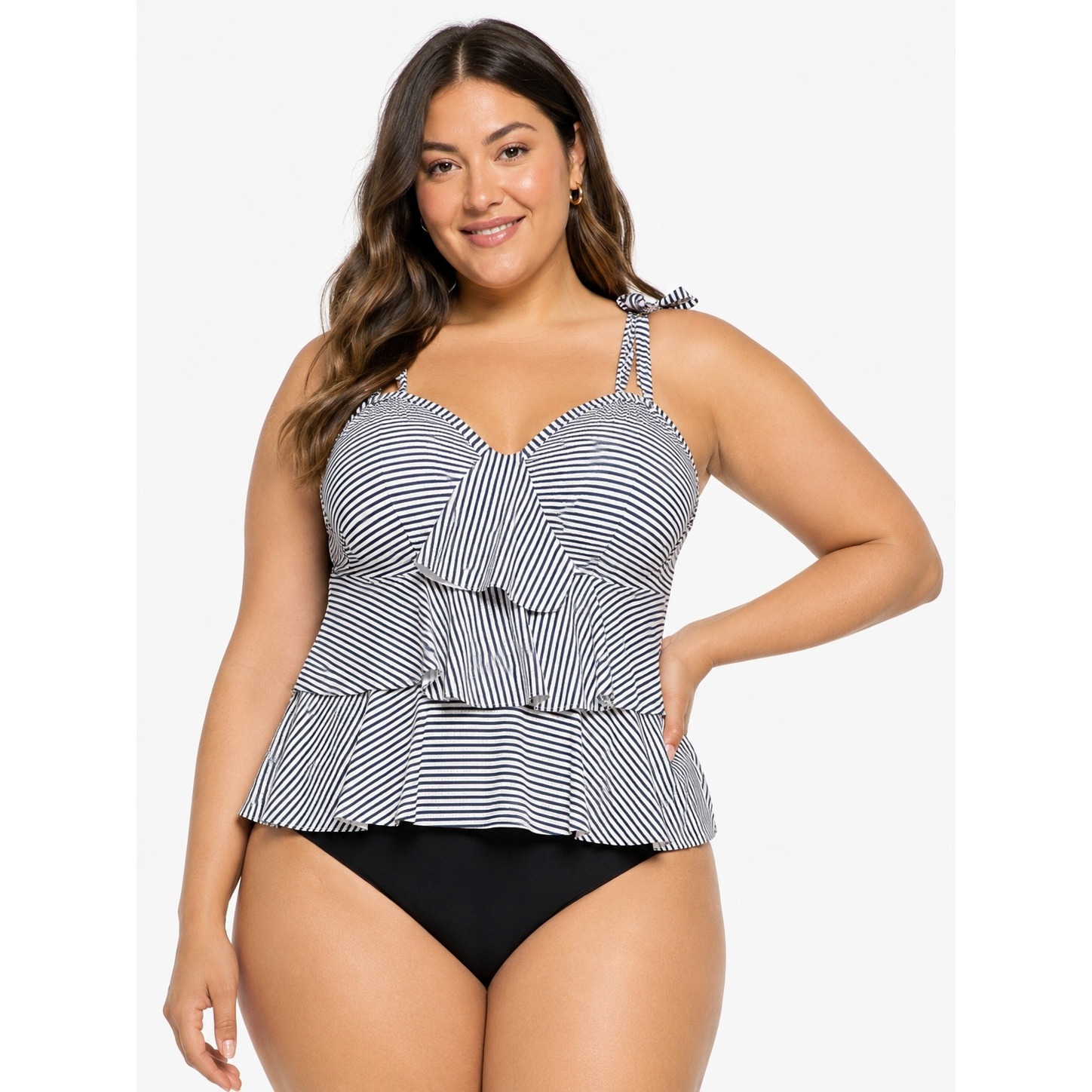 Lane Bryant Cacique Swim Tankini Top Womens 14 Navy White Stripe Ruffle Coastal